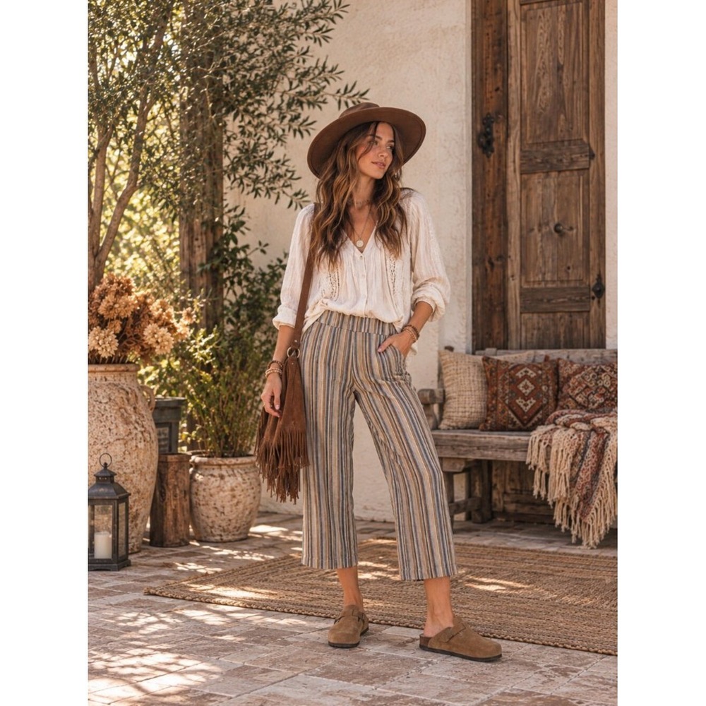 Sheri Martin Vintage Striped Linen Blend Wide Leg Pants Beige Blue Tan 8 M
